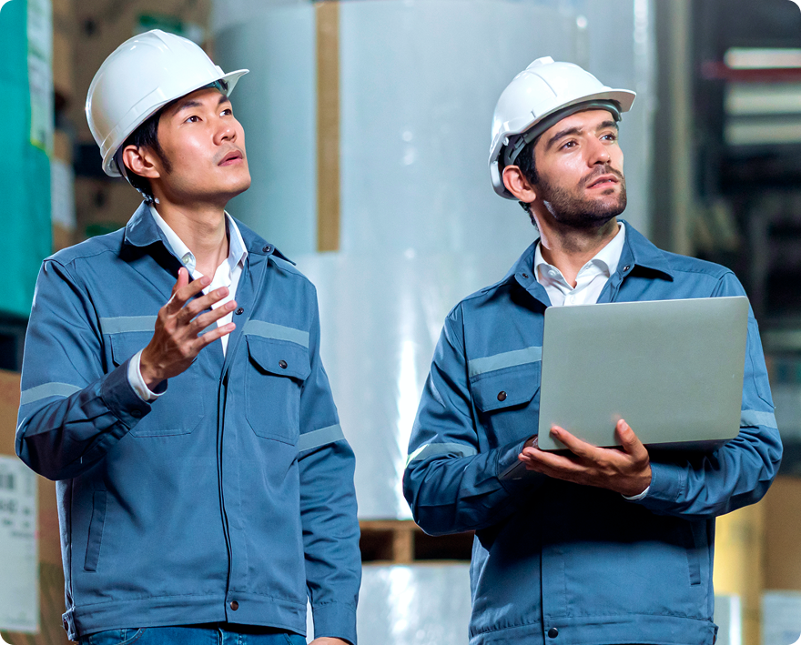 supervisor manager male engineer worker wears uniform working hand use laptop